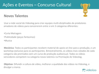 Novos Talentos Usar a rede social do Videolog para criar equipes multi-diciplinades de produtores amadores de vídeos para concorrerem entre si em 3 categorias diferentes: Curta Metragem Publicidade (peças fantasmas) Musica Mecânica : Todos os participantes recebem material de apoio on-line para a produção, e um workshop exclusivo para os participantes. Bimestralmente, os vídeos mais votados de cada categoria são premiados com um curso de produção audiovisual. Todos os vídeos vencedores competem na categoria novos talentos na Premiação do Videolog. Objetivo : Difundir a cultura de vídeo, melhorar a qualidade dos vídeos no Videolog, e divulgar a marca. Ações e Eventos – Concurso Cultural 