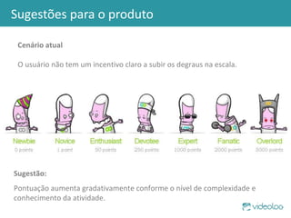 Sugestões para o produto Sugestão: Pontuação aumenta gradativamente conforme o nível de complexidade e conhecimento da atividade. Cenário atual O usuário não tem um incentivo claro a subir os degraus na escala. 