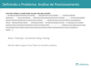 Definindo o Problema: Análise de Posicionamento Nome “Videolog” remetendo à Blog, Fotolog; Site de vídeo é igual a You Tube na memória coletiva. 