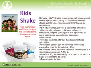 Kids
                      Herbalife Kids™ Shakes proporcionan nutrición esencial
Shake                 que incluye proteína, fibra y 100% de los nutrientes
                      claves que los niños necesitan diariamente para su
                      crecimiento.
 Tres cucharadas      Sin edulcorantes, sabores o colorantes artificiales
en 275 ml de agua     Hierbas e ingredientes botánicos, incluyendo
fría (licuado) como   manzanilla, jengibre (para ayudar a la digestión), así
 desayuno y como      como escaramujo y acerola, dos poderosos
         cena.        antioxidantes.
                      Ayuda a los niños a formar hábitos alimenticios
                      saludables.
                      Deliciosos batidos con 17 vitaminas y minerales
                      esenciales, además de proteína y fibra.
                      Excelente fuente de calcio, vitaminas del complejo B y
                      vitaminas antioxidantes A, C y E.
                      Contiene 15g de proteína (6g de la mezcla de batido +
                      9g de la leche/leche de soya).
                      Buena fuente de fibra.
 