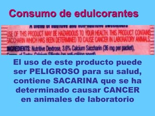 Consumo de edulcorantes



El uso de este producto puede
ser PELIGROSO para su salud,
contiene SACARINA que se ha
determinado causar CANCER
  en animales de laboratorio
 