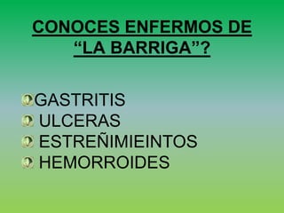 CONOCES ENFERMOS DE
   “LA BARRIGA”?


GASTRITIS
ULCERAS
ESTREÑIMIEINTOS
HEMORROIDES
 