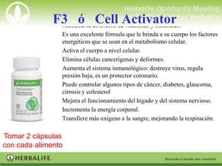 F3 ó la absorción deActivator
               Aumenta
                        Cell vitaminas y minerales.
               Es una excelente fórmula que le brinda a su cuerpo los factores
                energéticos que se usan en el metabolismo celular.
               Activa el cuerpo a nivel celular.
               Elimina células cancerígenas y deformes.
               Aumenta el sistema inmunológico: destruye virus, regula
                presión baja, es un protector coronario.
               Puede controlar algunos tipos de cáncer, diabetes, glaucoma,
                cirrosis y colesterol
               Mejora el funcionamiento del hígado y del sistema nervioso.
               Incrementa la energía corporal.
               Transfiere más oxigeno a la sangre, mejorando la respiración.

Tomar 2 cápsulas
con cada alimento
 