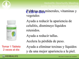  Cell-u-llosminerales, vitaminas y
                    Tabletas con
                    vegetales
                   Ayuda a reducir la apariencia de
                    celulitis, disminuye líquidos
                    retenidos.
                   Ayuda a reducir tallas.
                   Acelera la pérdida de peso.
Tomar 1 Tableta    Ayuda a eliminar toxinas y líquidos
 2 veces al día
                    y da una mejor apariencia a la piel.
                   Limpia y activa el sistema linfático.
 