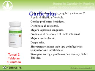 Garlic plus
             Elaborado a base de ajo, jengibre y vitamina C.
             Ayuda al Hígado y Vesícula.
             Corrige problemas hepáticos.
             Disminuye el colesterol.
             Mejora la presión sanguínea.
             Promueve el balance en el tracto intestinal.
             Mejora la circulación.
             Desparasita.
             Sirve parea eliminar todo tipo de infecciones
              (respiratorias e intestinales).
 Tomar 2     Sirve para corregir problemas de anemia y Fiebre
 Tabletas     Tifoidea.
durante la
 Comida
 