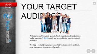 14
VIDEO
EMAIL   YOUR TARGET
        AUDIENCE

         With daily analytics, anti-spam technology, and email validation we
         make sure your VIDEO emails are targeted to the most optimized
         audience.

         We help you build your email lists, find your customers, and tailor
         your campaigns for your specific goals
 