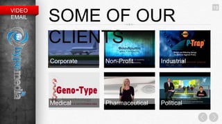 19
VIDEO
EMAIL   SOME OF OUR
        CLIENTS
        Corporate   Non-Profit       Industrial




        Medical     Pharmaceutical   Political
 