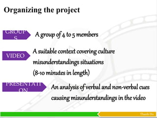 Thanh Do
A suitable context covering culture
misunderstandings situations
(8-10 minutes in length)
An analysis of verbal andnon-verbal cues
causing misunderstandings in the video
VIDEO
PRESENTATI
ON
GROUP
S
A group of 4 to 5 members
Organizing the project
 