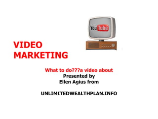 VIDEO
MARKETING
     What to do???a video about
            Presented by
          Ellen Agius from

    UNLIMITEDWEALTHPLAN.INFO
 