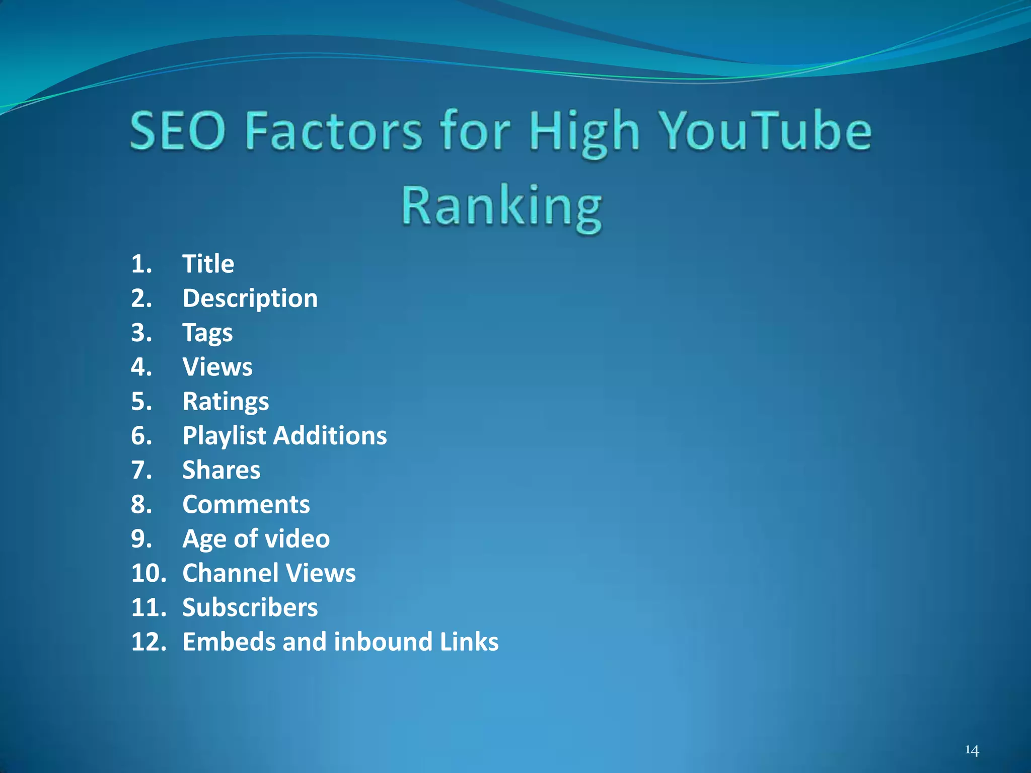 14
1. Title
2. Description
3. Tags
4. Views
5. Ratings
6. Playlist Additions
7. Shares
8. Comments
9. Age of video
10. Channel Views
11. Subscribers
12. Embeds and inbound Links
 