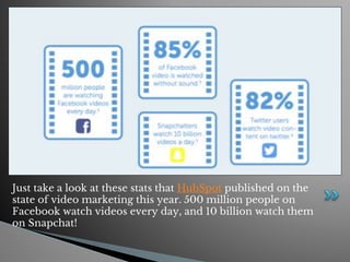 Just take a look at these stats that HubSpot published on the
state of video marketing this year. 500 million people on
Facebook watch videos every day, and 10 billion watch them
on Snapchat!
 