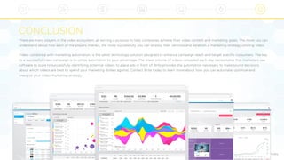 Copyright 2016 All Rights Reserved, Brite Content, Inc. - Patents Pending
CONCLUSION
There are many players in the video ecosystem, all serving a purpose to help companies achieve their video content and marketing goals. The more you can
understand about how each of the players interact, the more successfully you can employ their services and establish a marketing strategy utilizing video.
Video, combined with marketing automation, is the latest technology solution designed to enhance campaign reach and target speciﬁc consumers. The key
to a successful video campaign is to utilize automation to your advantage. The sheer volume of videos uploaded each day necessitates that marketers use
software to scale to successfully identifying potential videos to place ads in front of. Brite provides the automation necessary to make sound decisions
about which videos are best to spend your marketing dollars against. Contact Brite today to learn more about how you can automate, optimize and
energize your video marketing strategy.
 