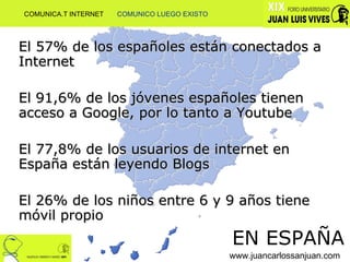 El 57% de los españoles están conectados a Internet  El 91,6% de los jóvenes españoles tienen acceso a Google, por lo tanto a Youtube El 77,8% de los usuarios de internet en España están leyendo Blogs  El 26% de los niños entre 6 y 9 años tiene móvil propio EN ESPAÑA www.juancarlossanjuan.com COMUNICA.T INTERNET  COMUNICO LUEGO EXISTO 