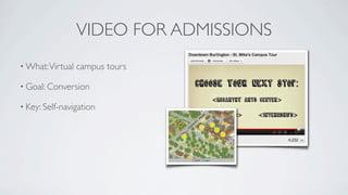 VIDEO FOR ADMISSIONS
• What: Virtual   campus tours

• Goal: Conversion

• Key: Self-navigation
 