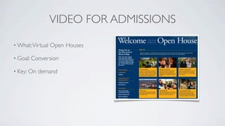 VIDEO FOR ADMISSIONS

• What: Virtual   Open Houses

• Goal: Conversion

• Key: On   demand
 