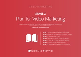 Plan for Video Marketing
STAGE 2
In Stage 2, you will work with your team to plan for the alignment, production, distribution, and
measurement of your video marketing program.
Key activities for this Stage include:
STEP 1:	Develop a Video Marketing Strategy
STEP 2:	Understand the Video Production Process
STEP 3:	Create a Project Plan
STEP 4:	Build a Production Project Schedule
STEP 5:	Construct a Video Marketing Budget
STEP 6:	Identify Staff & Responsibilities
STEP 7:	Evaluate Video Marketing Consultants
VIDEO MARKETING
 