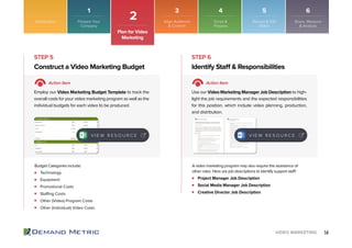 14VIDEO MARKETING
STEP 5 STEP 6
Technology
Equipment
Promotional Costs
Staffing Costs
Other (Video) Program Costs
Other (Individual) Video Costs
Project Manager Job Description
Social Media Manager Job Description
Creative Director Job Description
Construct a Video Marketing Budget Identify Staff & Responsibilities
Action Item Action Item
Employ our Video Marketing Budget Template to track the
overall costs for your video marketing program as well as the
individual budgets for each video to be produced.
Use our Video Marketing Manager Job Description to high-
light the job requirements and the expected responsibilities
for this position, which include video planning, production,
and distribution.
Budget Categories include: A video marketing program may also require the assistance of
other roles. Here are job descriptions to identify support staff:
V I E W R E S O U R C E V I E W R E S O U R C E
Introduction
2
Plan for Video
Marketing
Prepare Your
Company
Align Audience
& Content
Script &
Prepare
Record & Edit
Video
Share, Measure
& Analyze
1 3 4 5 6
 