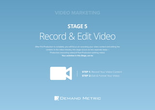 Record & Edit Video
STAGE 5
After Pre-Production is complete, you will focus on recording your video content and editing the
content. In the video industry, this stage occurs as two separate steps –
Production (recording video) & Post-Production (editing video).
Your activities in this Stage, are to:
STEP 1:	Record Your Video Content
STEP 2:	Edit & Format Your Video
VIDEO MARKETING
 