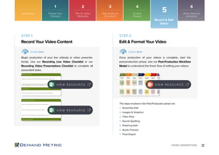 22VIDEO MARKETING
Introduction
Record & Edit
Video
5
1.	 Assembly Edit
2.	Images & Graphics
3.	Titles Pass
4.	Sound Spotting
5.	Polishing Edit
6.	Audio Finesse
7.	Final Export
Record Your Video Content Edit & Format Your Video
STEP 1 STEP 2
Action Item Action Item
Begin production of your live video(s) or video presenta-
tion(s). Use our Recording Live Video Checklist or our
Recording Video Presentations Checklist to complete all
associated tasks.
Once production of your videos is complete, start the
post-production phase. Use our Post-Production Workflow
Model to understand the linear flow of editing your videos.
The steps involved in the Post-Production phase are:
V I E W R E S O U R C E
V I E W R E S O U R C E
V I E W R E S O U R C E
V I E W R E S O U R C E
Prepare Your
Company
Plan for Video
Marketing
Align Audience
& Content
Script &
Prepare
Share, Measure
& Analyze
1 2 3 4 6
 