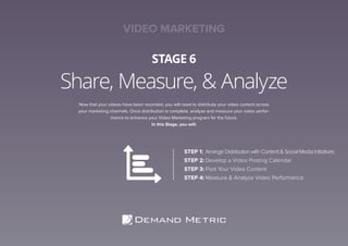 Share, Measure, & Analyze
STAGE 6
Now that your videos have been recorded, you will need to distribute your video content across
your marketing channels. Once distribution is complete, analyze and measure your video perfor-
mance to enhance your Video Marketing program for the future.
In this Stage, you will:
STEP 1:	Arrange Distribution with Content & Social Media Initiatives
STEP 2:	Develop a Video Posting Calendar
STEP 3:	Post Your Video Content
STEP 4:	Measure & Analyze Video Performance
VIDEO MARKETING
 