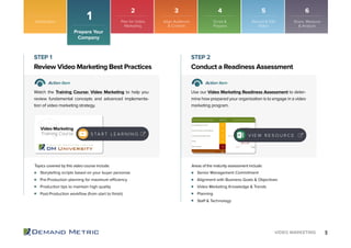 9VIDEO MARKETING
Introduction
Prepare Your
Company
1
Storytelling scripts based on your buyer personas
Pre-Production planning for maximum efficiency
Production tips to maintain high quality
Post-Production workflow (from start to finish)
Senior Management Commitment
Alignment with Business Goals & Objectives
Video Marketing Knowledge & Trends
Planning
Staff & Technology
Review Video Marketing Best Practices Conduct a Readiness Assessment
STEP 1 STEP 2
Action Item Action Item
Watch the Training Course: Video Marketing to help you
review fundamental concepts and advanced implementa-
tion of video marketing strategy.
Use our Video Marketing Readiness Assessment to deter-
mine how prepared your organization is to engage in a video
marketing program.
Topics covered by this video course include: Areas of the maturity assessment include:
V I E W R E S O U R C E
Video Marketing
Training Course S TA R T L E A R N I N G
Plan for Video
Marketing
Align Audience
& Content
Script &
Prepare
Record & Edit
Video
Share, Measure
& Analyze
2 3 4 5 6
 