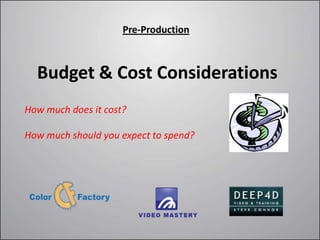 Pre-Production



  Budget & Cost Considerations
How much does it cost?

How much should you expect to spend?
 