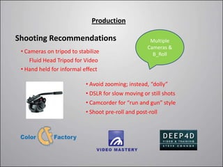 Production

Shooting Recommendations                             Multiple
                                                    Cameras &
 • Cameras on tripod to stabilize                     B_Roll
     Fluid Head Tripod for Video
 • Hand held for informal effect

                           • Avoid zooming; instead, “dolly”
                           • DSLR for slow moving or still shots
                           • Camcorder for “run and gun” style
                           • Shoot pre-roll and post-roll
 