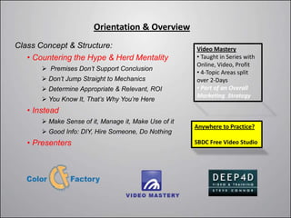Orientation & Overview
Class Concept & Structure:                             Video Mastery
   • Countering the Hype & Herd Mentality              • Taught in Series with
                                                       Online, Video, Profit
        Premises Don’t Support Conclusion
                                                       • 4-Topic Areas split
        Don’t Jump Straight to Mechanics              over 2-Days
        Determine Appropriate & Relevant, ROI         • Part of an Overall
                                                       Marketing Strategy
        You Know It, That’s Why You’re Here
   • Instead
        Make Sense of it, Manage it, Make Use of it
                                                       Anywhere to Practice?
        Good Info: DIY, Hire Someone, Do Nothing
   • Presenters                                        SBDC Free Video Studio
 