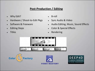 Post-Production / Editing

   Why Edit?                          B-roll
   Hardware / Shoot-to-Edit Pkgs      Sync Audio & Video
   Software & Freeware                Audio Editing, Music, Sound Effects
   Editing Steps                      Color & Special Effects
   Titles                             Rendering
 