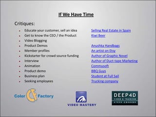 If We Have Time
Critiques:
     Educate your customer, sell an idea    Selling Real Estate in Spain
     Get to know the CEO / the Product      Kiwi Beer
     Video Blogging
     Product Demos                          Anushka Handbags
     Member profiles                        An artist on Etsy
     Kickstarter for crowd source funding   Author of Graphic Novel
     Interview                              Author of Duct-tape Marketing
     Animation                              Commusoft
     Product demo                           BBQ Guys
     Business plan                          Student at Full Sail
     Seeking employees                      Trucking company
 