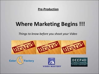 Pre-Production



Where Marketing Begins !!!
 Things to know before you shoot your Video
 