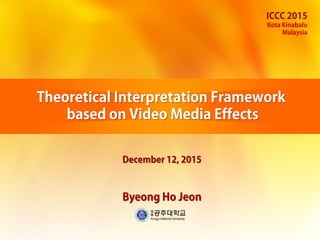 Theoretical Interpretation Framework
based on Video Media Effects
December 12, 2015
Byeong Ho Jeon
ICCC 2015
Kota Kinabalu
Malaysia
 