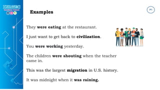 Examples
They were eating at the restaurant.
I just want to get back to civilization.
You were working yesterday.
The children were shouting when the teacher
came in.
This was the largest migration in U.S. history.
It was midnight when it was raining.
 