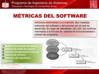 MÉTRICAS ORIENTADAS A LA FUNCIÓN. Son medidas
indirectas del software y del proceso por el cual se
desarrolla. En lugar de calcularlas las LDC, las métricas
orientadas a la función se centran en la funcionalidad o
utilidad del programa.
1.Números de entrada de usuario
2. Numero de salida del usuario
3. Números de peticiones al usuario
4. Numero de archivos
5. Numero de interfaces
externas
MÉTRICAS DEL SOFTWARE
 