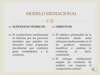 
 SUPUESTOS TEORICOS
 El conductismo mediacional
se interesa por los procesos
mentales que pueden ser
descritos como respuestas
encubiertas que confieren
gran complejidad a la
conducta.
 OBJETIVOS
 El objetivo primordial de la
evaluación desde estos
enfoques mediacionales es el
de predecir, instaurar,
modificar o cambiar la
conducta, es decir,
controlarla.
 El enfoque mediacional
amplía las unidades de
análisis con respecto al
conductismo radical.
MODELO MEDIACIONAL
 