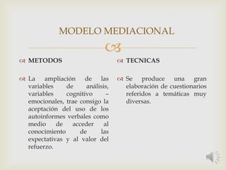 
 METODOS
 La ampliación de las
variables de análisis,
variables cognitivo –
emocionales, trae consigo la
aceptación del uso de los
autoinformes verbales como
medio de acceder al
conocimiento de las
expectativas y al valor del
refuerzo.
 TECNICAS
 Se produce una gran
elaboración de cuestionarios
referidos a temáticas muy
diversas.
MODELO MEDIACIONAL
 