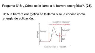 Pregunta N°5: ¿Cómo se le llama a la barrera energética?. (23).
R: A la barrera energética se le llama o se le conoce como
energía de activación.
 