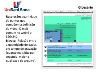 Glossário Resolução:  quantidade de pontos que compõem a definição do vídeo. O mais comum na web é o 320x240. Bitrate:   Relação entre a quantidade de dados e o tempo de gravação (quanto mais bits por segundo, maior a qualidade do arquivo). 
