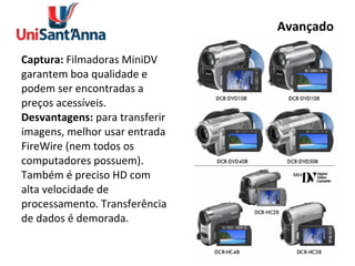 Avançado Captura:  Filmadoras MiniDV garantem boa qualidade e podem ser encontradas a preços acessíveis. Desvantagens:  para transferir imagens, melhor usar entrada FireWire (nem todos os computadores possuem). Também é preciso HD com alta velocidade de processamento. Transferência de dados é demorada. 