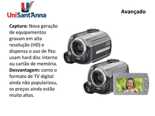 Avançado Captura:  Nova geração de equipamentos gravam em alta resolução (HD) e dispensa o uso de fita: usam hard disc interno ou cartão de memória. Desvantagem:  como o formato de TV digital ainda não popularizou, os preços ainda estão muito altos.  