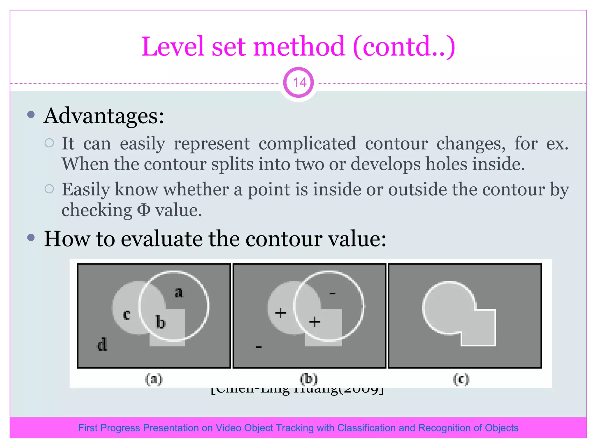 Level set method (contd..) Advantages: It can easily represent complicated contour changes, for ex. When the contour splits into two or develops holes inside. Easily know whether a point is inside or outside the contour by checking Ф value. How to evaluate the contour value: [Chieh-Ling Huang(2009] First Progress Presentation on Video Object Tracking with Classification and Recognition of Objects 
