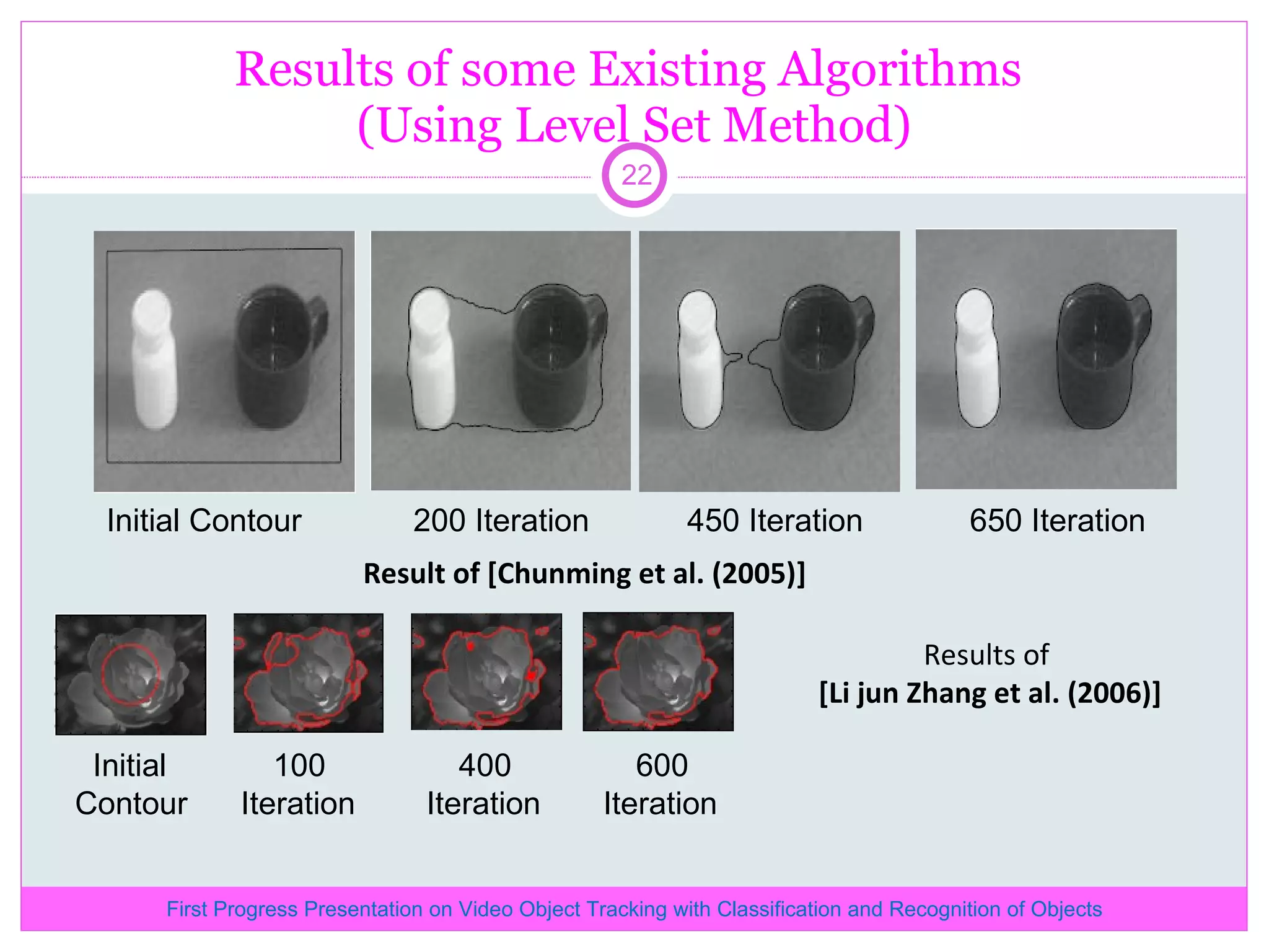 Results of some Existing Algorithms (Using Level Set Method) Initial Contour 200 Iteration 450 Iteration 650 Iteration Result of [Chunming et al. (2005)] Initial 100 400 600 Contour Iteration Iteration Iteration Results of [Li jun Zhang et al. (2006)] First Progress Presentation on Video Object Tracking with Classification and Recognition of Objects 