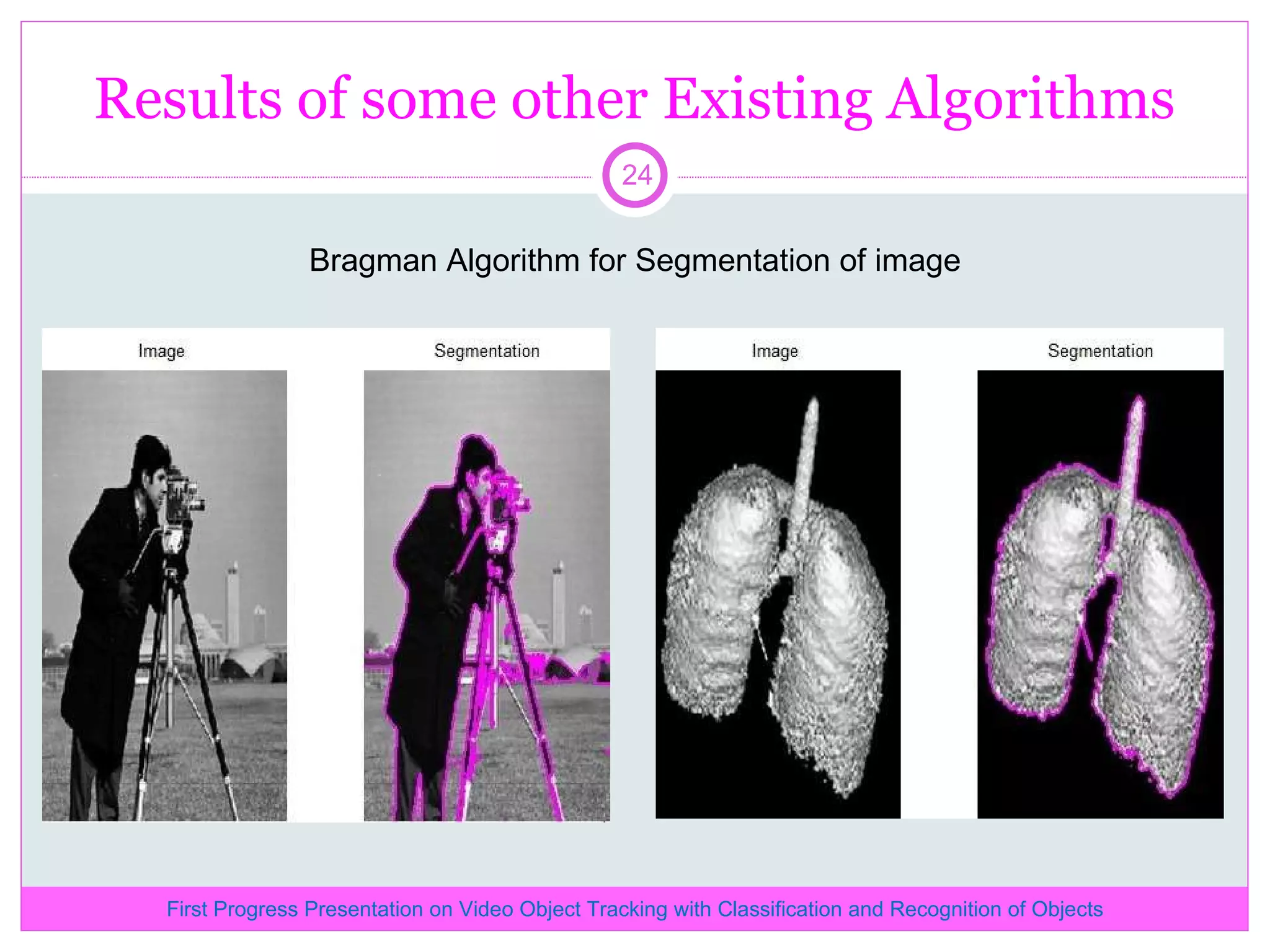 Results of some other Existing Algorithms Bragman Algorithm for Segmentation of image First Progress Presentation on Video Object Tracking with Classification and Recognition of Objects 