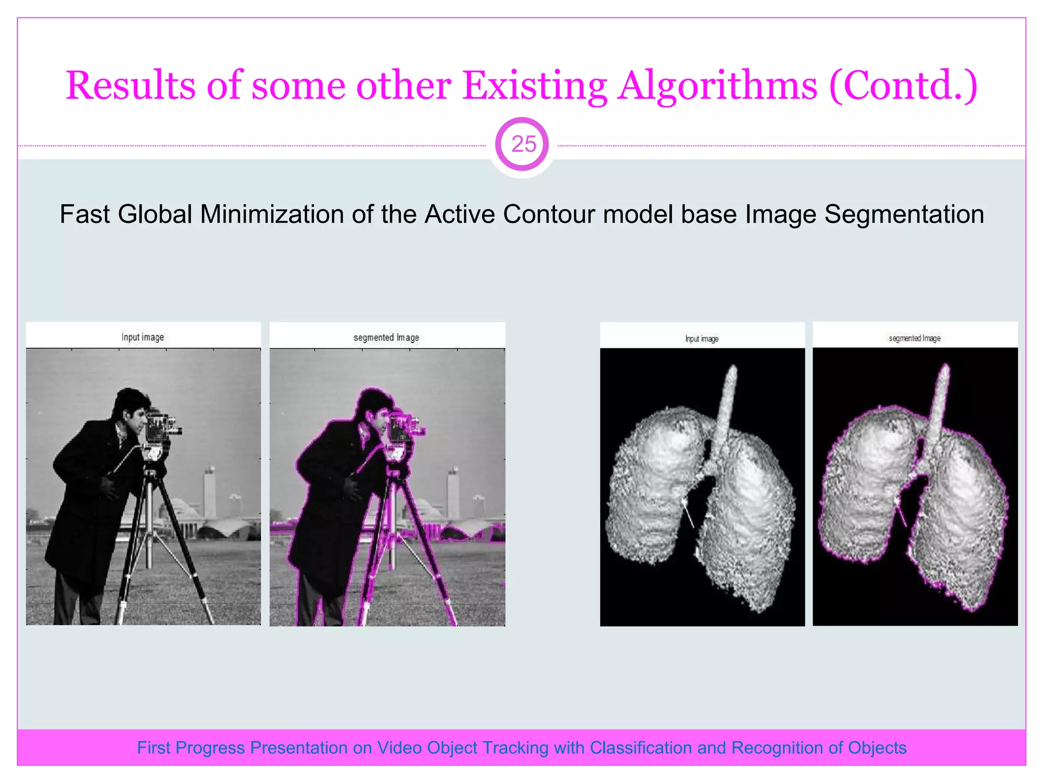 Results of some other Existing Algorithms (Contd.) Fast Global Minimization of the Active Contour model base Image Segmentation First Progress Presentation on Video Object Tracking with Classification and Recognition of Objects 