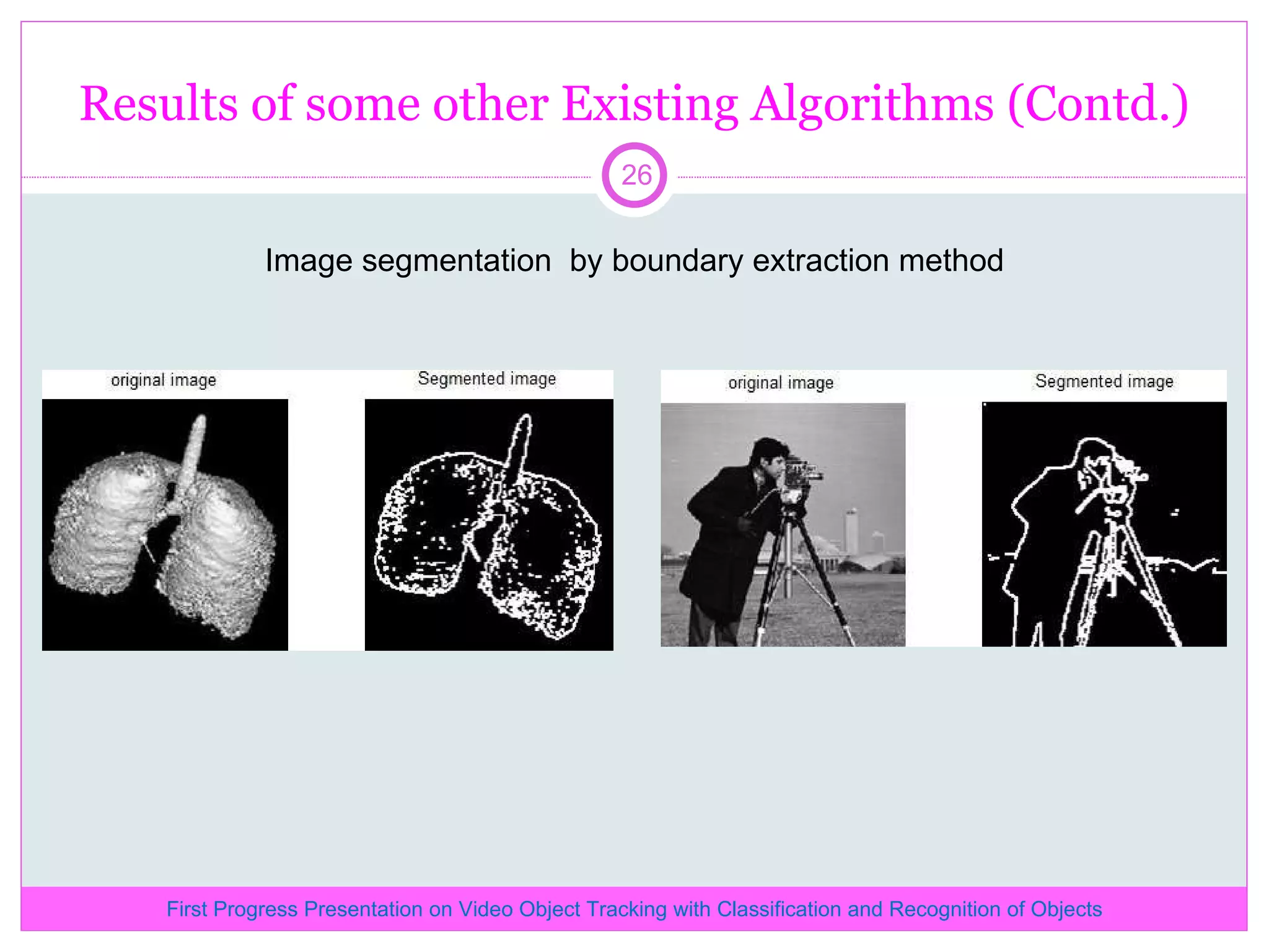 Results of some other Existing Algorithms (Contd.) Image segmentation by boundary extraction method First Progress Presentation on Video Object Tracking with Classification and Recognition of Objects 
