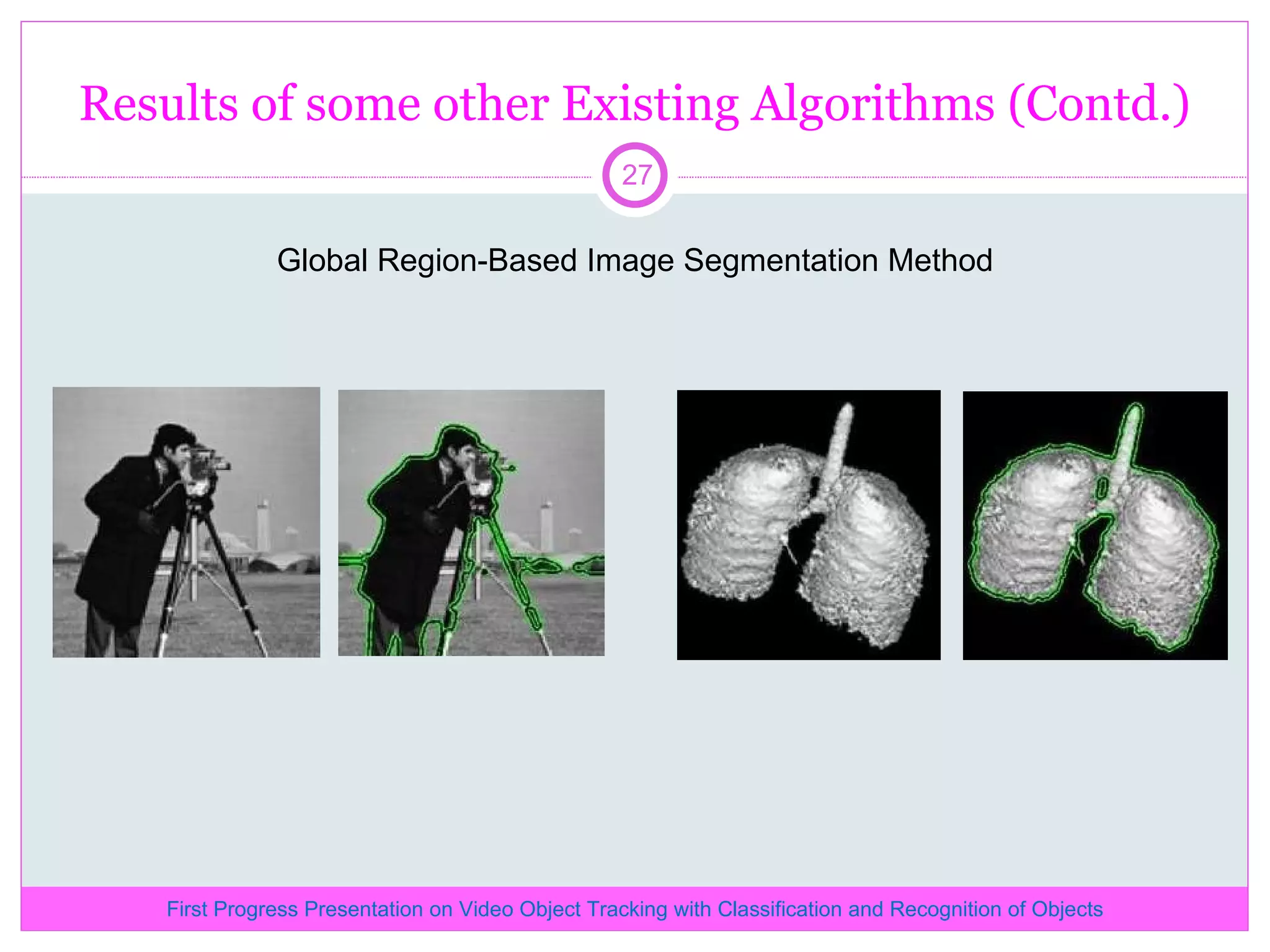 Results of some other Existing Algorithms (Contd.) Global Region-Based Image Segmentation Method First Progress Presentation on Video Object Tracking with Classification and Recognition of Objects 