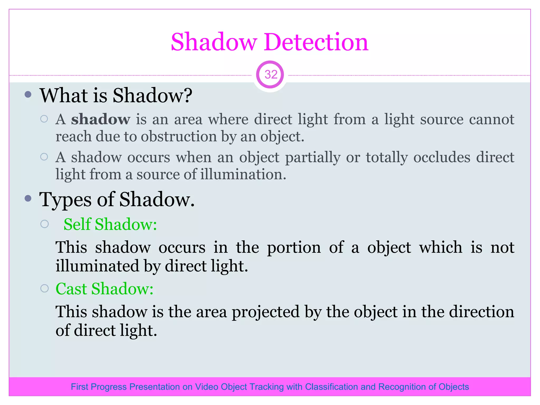 Shadow Detection What is Shadow? A shadow is an area where direct light from a light source cannot reach due to obstruction by an object. A shadow occurs when an object partially or totally occludes direct light from a source of illumination. Types of Shadow. Self Shadow: This shadow occurs in the portion of a object which is not illuminated by direct light. Cast Shadow: This shadow is the area projected by the object in the direction of direct light. First Progress Presentation on Video Object Tracking with Classification and Recognition of Objects 