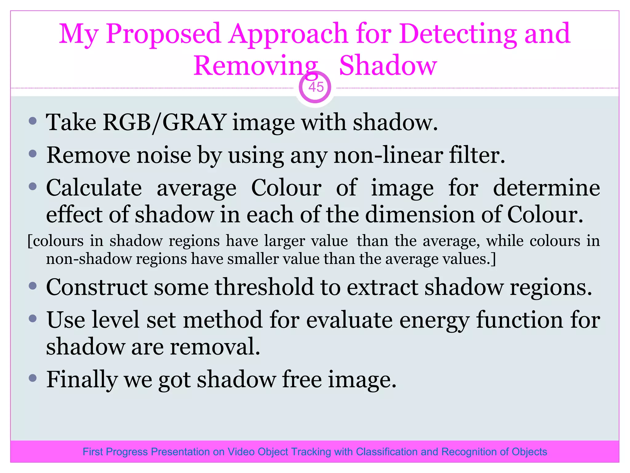 My Proposed Approach for Detecting and Removing Shadow Take RGB/GRAY image with shadow. Remove noise by using any non-linear filter. Calculate average Colour of image for determine effect of shadow in each of the dimension of Colour. [colours in shadow regions have larger value than the average, while colours in non-shadow regions have smaller value than the average values.] Construct some threshold to extract shadow regions. Use level set method for evaluate energy function for shadow are removal. Finally we got shadow free image. First Progress Presentation on Video Object Tracking with Classification and Recognition of Objects 
