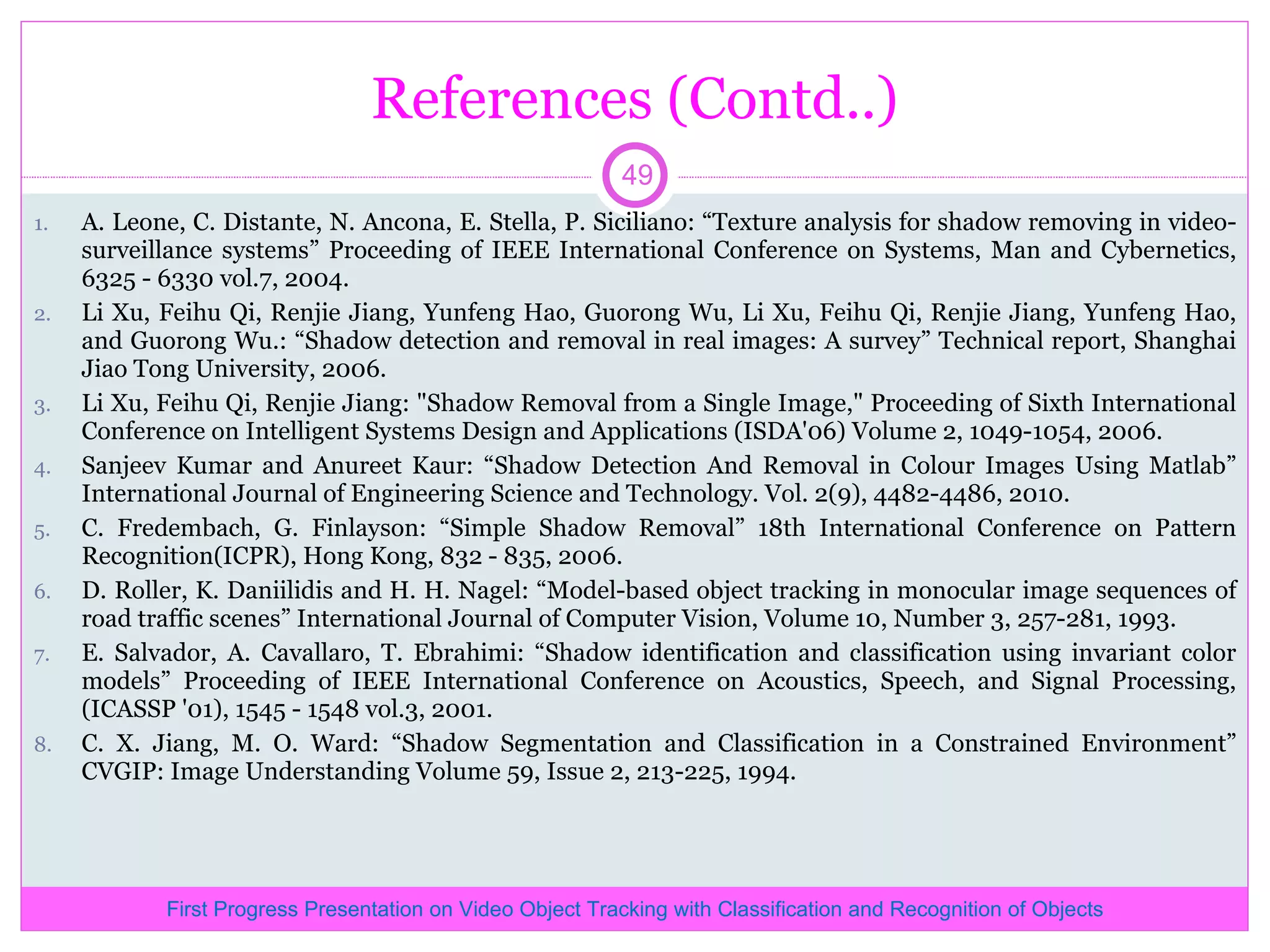 References (Contd..) A. Leone, C. Distante, N. Ancona, E. Stella, P. Siciliano: “Texture analysis for shadow removing in video-surveillance systems” Proceeding of IEEE International Conference on Systems, Man and Cybernetics, 6325 - 6330 vol.7, 2004. Li Xu, Feihu Qi, Renjie Jiang, Yunfeng Hao, Guorong Wu, Li Xu, Feihu Qi, Renjie Jiang, Yunfeng Hao, and Guorong Wu.: “Shadow detection and removal in real images: A survey” Technical report, Shanghai Jiao Tong University, 2006. Li Xu, Feihu Qi, Renjie Jiang: &quot;Shadow Removal from a Single Image,&quot; Proceeding of Sixth International Conference on Intelligent Systems Design and Applications (ISDA'06) Volume 2, 1049-1054, 2006. Sanjeev Kumar and Anureet Kaur: “Shadow Detection And Removal in Colour Images Using Matlab” International Journal of Engineering Science and Technology. Vol. 2(9), 4482-4486, 2010. C. Fredembach, G. Finlayson: “Simple Shadow Removal” 18th International Conference on Pattern Recognition(ICPR), Hong Kong, 832 - 835, 2006. D. Roller, K. Daniilidis and H. H. Nagel: “Model-based object tracking in monocular image sequences of road traffic scenes” International Journal of Computer Vision, Volume 10, Number 3, 257-281, 1993. E. Salvador, A. Cavallaro, T. Ebrahimi: “Shadow identification and classification using invariant color models” Proceeding of IEEE International Conference on Acoustics, Speech, and Signal Processing, (ICASSP '01), 1545 - 1548 vol.3, 2001. C. X. Jiang, M. O. Ward: “Shadow Segmentation and Classification in a Constrained Environment” CVGIP: Image Understanding Volume 59, Issue 2, 213-225, 1994. First Progress Presentation on Video Object Tracking with Classification and Recognition of Objects 