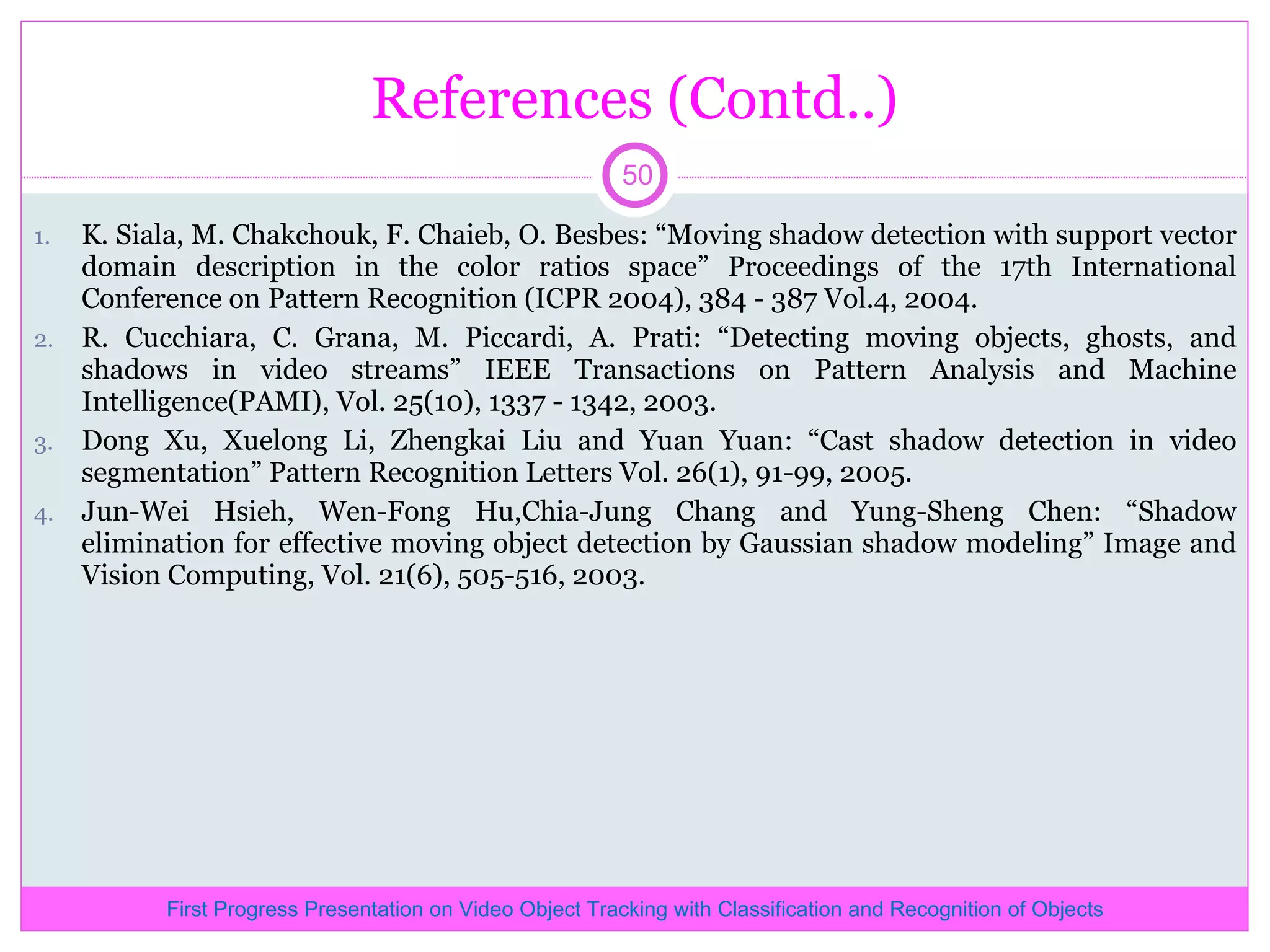 References (Contd..) K. Siala, M. Chakchouk, F. Chaieb, O. Besbes: “Moving shadow detection with support vector domain description in the color ratios space” Proceedings of the 17th International Conference on Pattern Recognition (ICPR 2004), 384 - 387 Vol.4, 2004. R. Cucchiara, C. Grana, M. Piccardi, A. Prati: “Detecting moving objects, ghosts, and shadows in video streams” IEEE Transactions on Pattern Analysis and Machine Intelligence(PAMI), Vol. 25(10), 1337 - 1342, 2003. Dong Xu, Xuelong Li, Zhengkai Liu and Yuan Yuan: “Cast shadow detection in video segmentation” Pattern Recognition Letters Vol. 26(1), 91-99, 2005. Jun-Wei Hsieh, Wen-Fong Hu,Chia-Jung Chang and Yung-Sheng Chen: “Shadow elimination for effective moving object detection by Gaussian shadow modeling” Image and Vision Computing, Vol. 21(6), 505-516, 2003. First Progress Presentation on Video Object Tracking with Classification and Recognition of Objects 